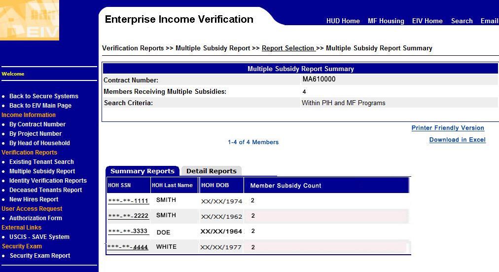 EIV Training: Section 2C - Reports Multiple Subsidy Summary Report Example Records Found 7 O/As must