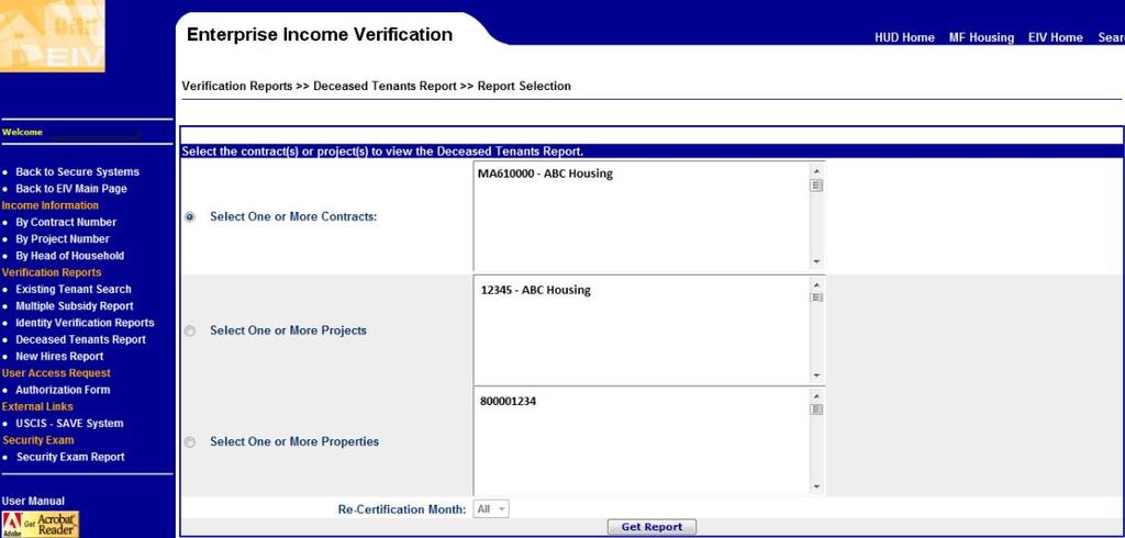 Deceased Tenants Report Accessing by Verification Reports 18 Select the Contract, Project