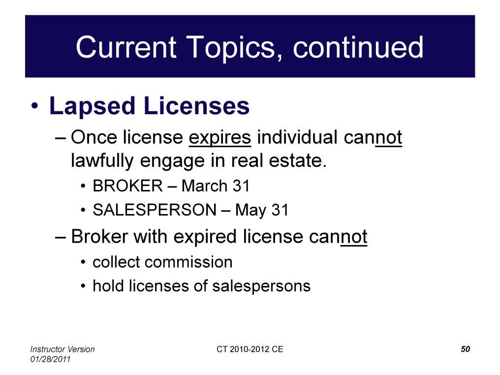 The fourth current problematic topic is unlicensed or lapsed license activities. The number of individuals engaging in real estate unlicensed has increased significantly.