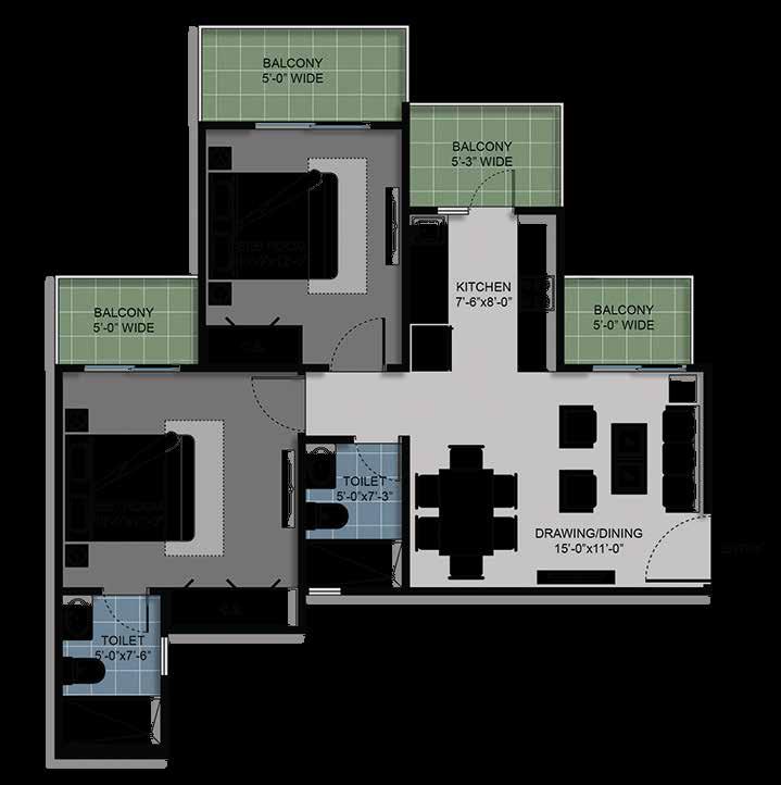 Type A Type B 2 Bed & 2 Toilet (1020 sq. ft.) Carpet Area (603.225 sq.ft.) Super Area 2 Bed & 2 Toilet + 1 Study (1105 sq.