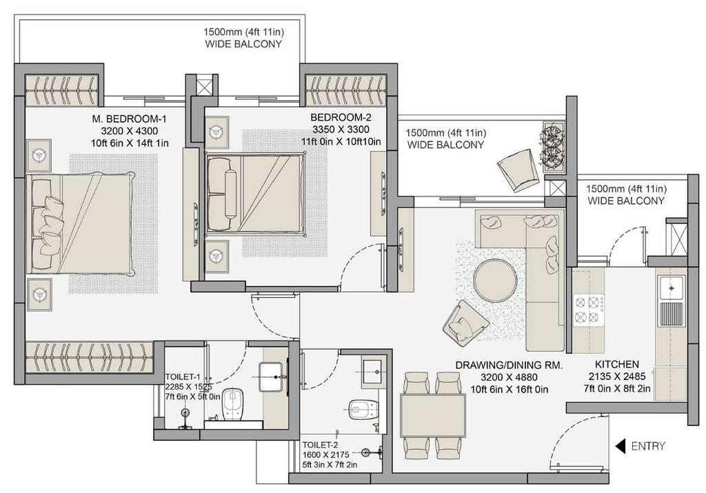 TYPE A1: 2 BDR + 2T RERA CARPET AREA BALCONY AREA TOTAL AREA 668.23 SQ. FT. 138.64 SQ. FT. 1137 SQ. FT. 2 3 4 1 5 LIFE Disclaimer 1sq.ft. = 0.093sq.mt., 10.764sq.ft. = 1.196 sq.yd. and 3.28ft. = 1mt.
