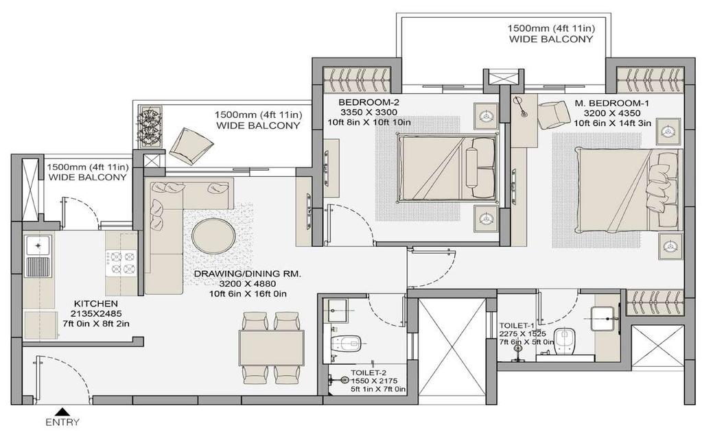 TYPE A2: 2 BDR + 2T RERA CARPET AREA BALCONY AREA TOTAL AREA 676.30 SQ. FT. 140.25 SQ. FT. 1155 SQ. FT. 2 3 4 1 5 LIFE Disclaimer 1sq.ft. = 0.093sq.mt., 10.764sq.ft. = 1.196 sq.yd. and 3.28ft. = 1mt.