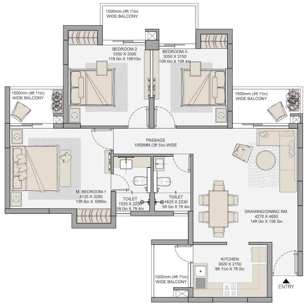 TYPE B: 3 BDR + 2T RERA CARPET AREA BALCONY AREA TOTAL AREA 827.75 SQ. FT. 165.66 SQ. FT. 1404 SQ. FT. 4 1 3 2 VERVE Disclaimer 1sq.ft. = 0.093sq.mt., 10.764sq.ft. = 1.196 sq.yd. and 3.28ft. = 1mt.