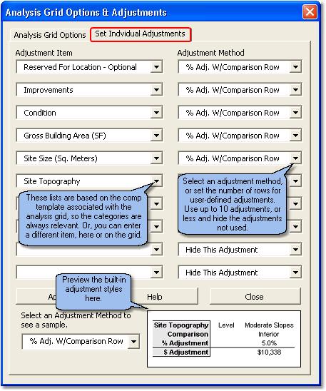 43 Set Individual Adjustments (2nd tab) The left-hand side of the dialog shows the adjustment categories.