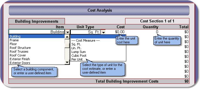 1.5.4 64 Cost Analysis Overview The Cost Analysis features the following components: 10 categories for building component costs 5 categories for site improvements 4 soft cost categories Contingency