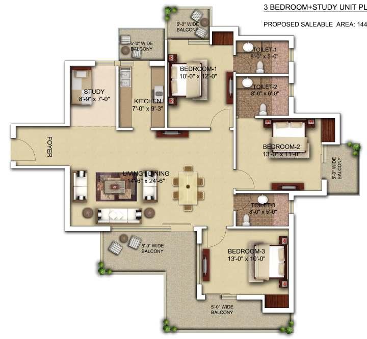 3 Bedroom + Study Unit Plan Proposed