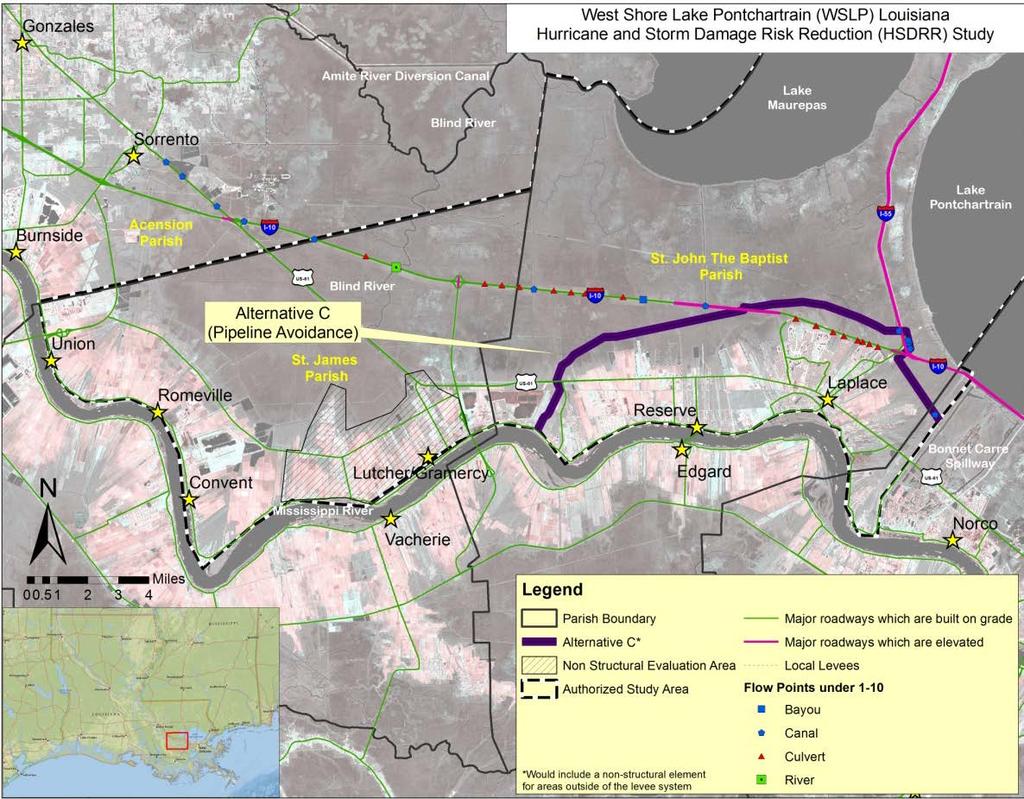 The tentatively selected plan (TSP) lies between the West Guide levee of the Bonnet Carré Spillway to the US-51 interchange, where it tracks north across US-51 and along a pipeline corridor.