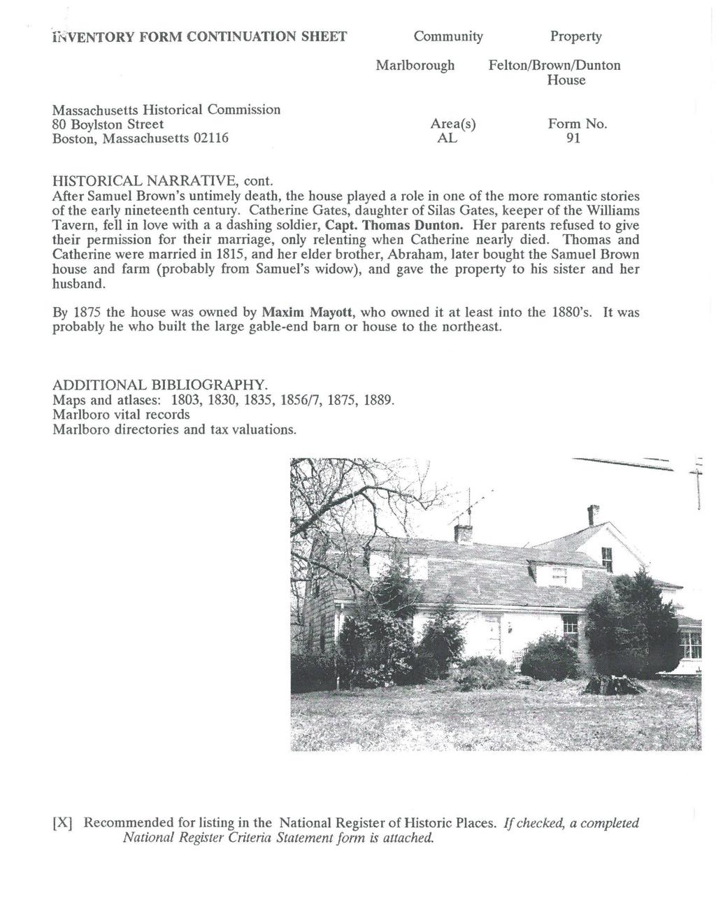 ii~ventory FORM CONTINUATION SHEET Community Property Massachusetts Historical Commission Marlborough Felton/Brown/Dunton House Form No. 91 HISTORIC NARRATIVE, cont.