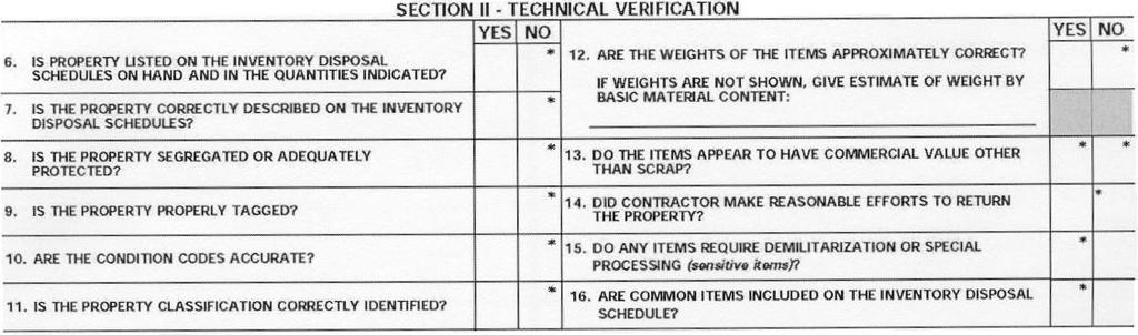 Section II is a verification of the TECHNICAL issues surrounding the Contractor Inventory.