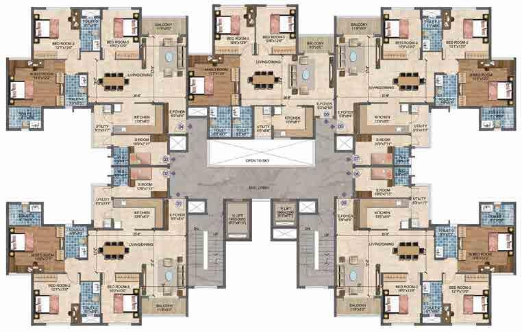 TYPICAL FLOOR PLAN 1st to 18th TOWER - E 5 Type : 3B+2T E- 105 to E- 1805 4 Type : 3B+3T E- 104 to E- 1804 6 Type : 3B+3T E- 106 to E- 1806 1 Type : 3B+3T E- 101 to E- 1801 9 Type : 3B+3T E- 109 to