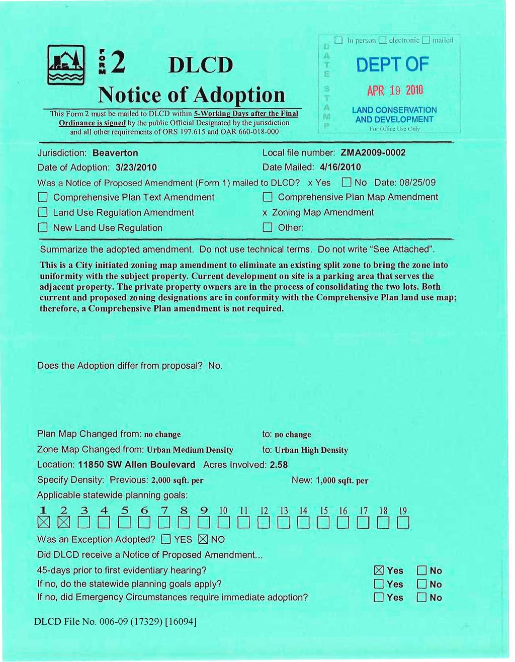 [_1 lit person <_J cieeirwric [ZI 'nailed DLCD Notice of Adoption DEPT OF APR 19 2010 LAND CONSERVATION AND DEVELOPMENT This Form 2 must be mailed to DLCD within 5-Working Days after the Final