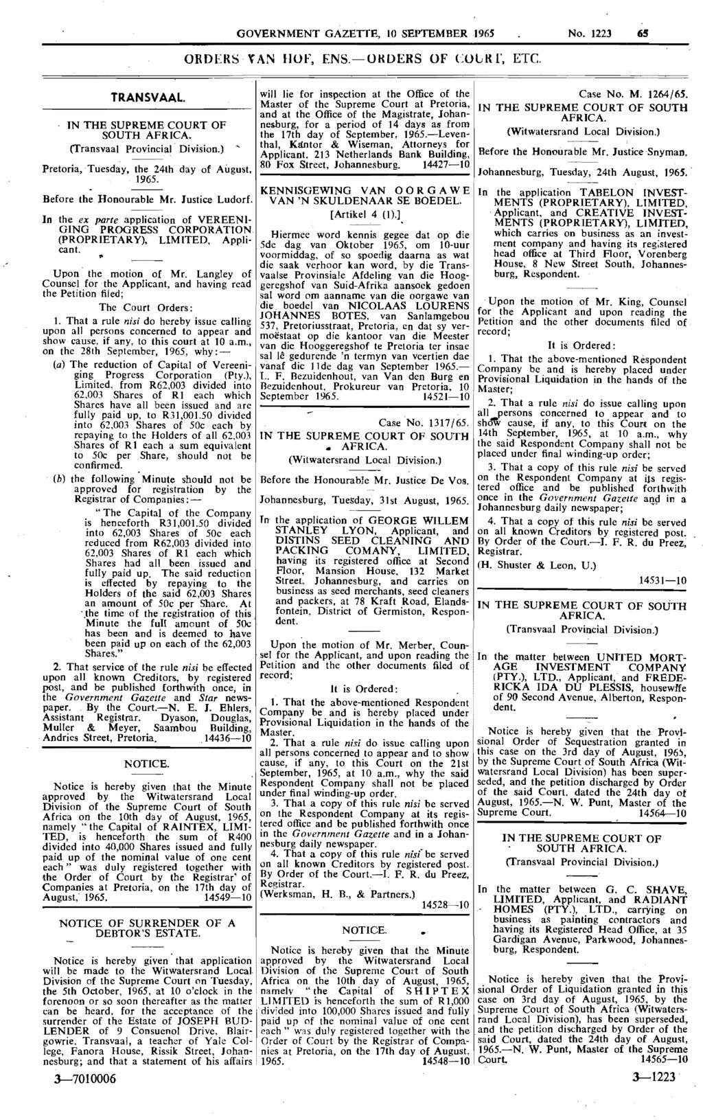 GOVERNMENT GAZETTE, 10 SEPTEMBER 1965 1223 65 ORDERS TAN HOI". ENS.-OI{OERS OF COLI{ r, ETC. =============-=-==========================...~- TRANSVAAL.