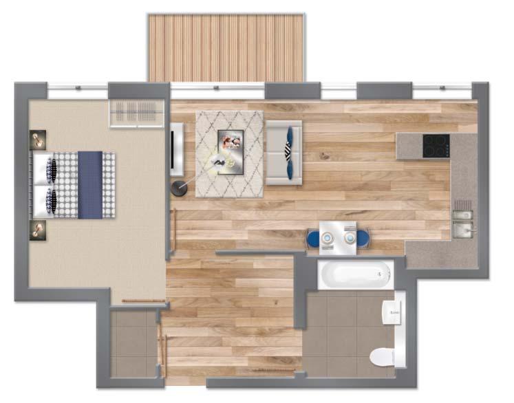 EXAMPLE APARTMENT LAYOUTS The apartment types shown are three of the most common styles and clearly portray