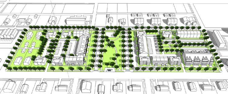 infill development prototype HIGHER DENSITY Multi-family COMPLEX large site Total Dwelling Units shown: Approximately 9 Total # of Bedrooms: Approximately 5 BIRDS EYE VIEW
