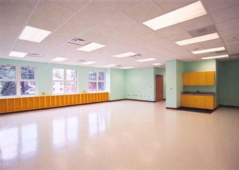 Open, airy classrooms in the new school include built-in