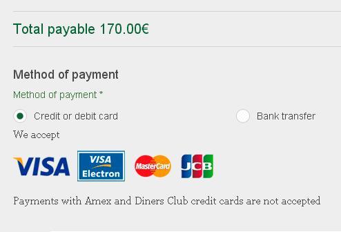 Payment You can pay by card or by bank transfer. If you pay by card we will receive it in two working days. If you pay with transfer, it can be around four days.