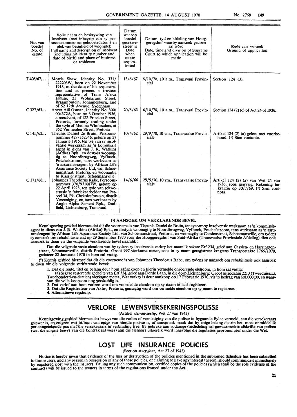 GOVERNMENT GAZETTE, 14 AUGUST 1970 No. 2768 149 No. van boedel No. of estate Vo:le naam en beskrywing van inso!