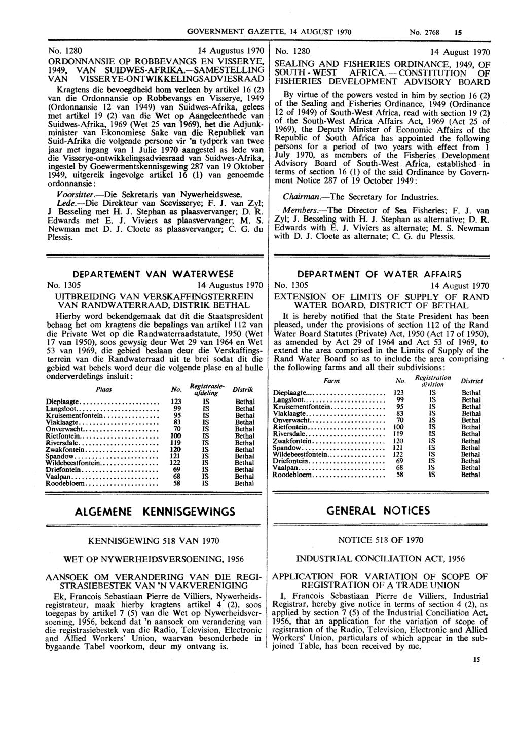 GOVERNMENT GAZETTE, 14 AUGUST 1970 No. 2768 15 No. 1280 14 Augustus 1970 ORDONNANSIE OP ROBBEVANGS EN VISSERYE, 1949, VAN SUIDWES-AFRIKA.