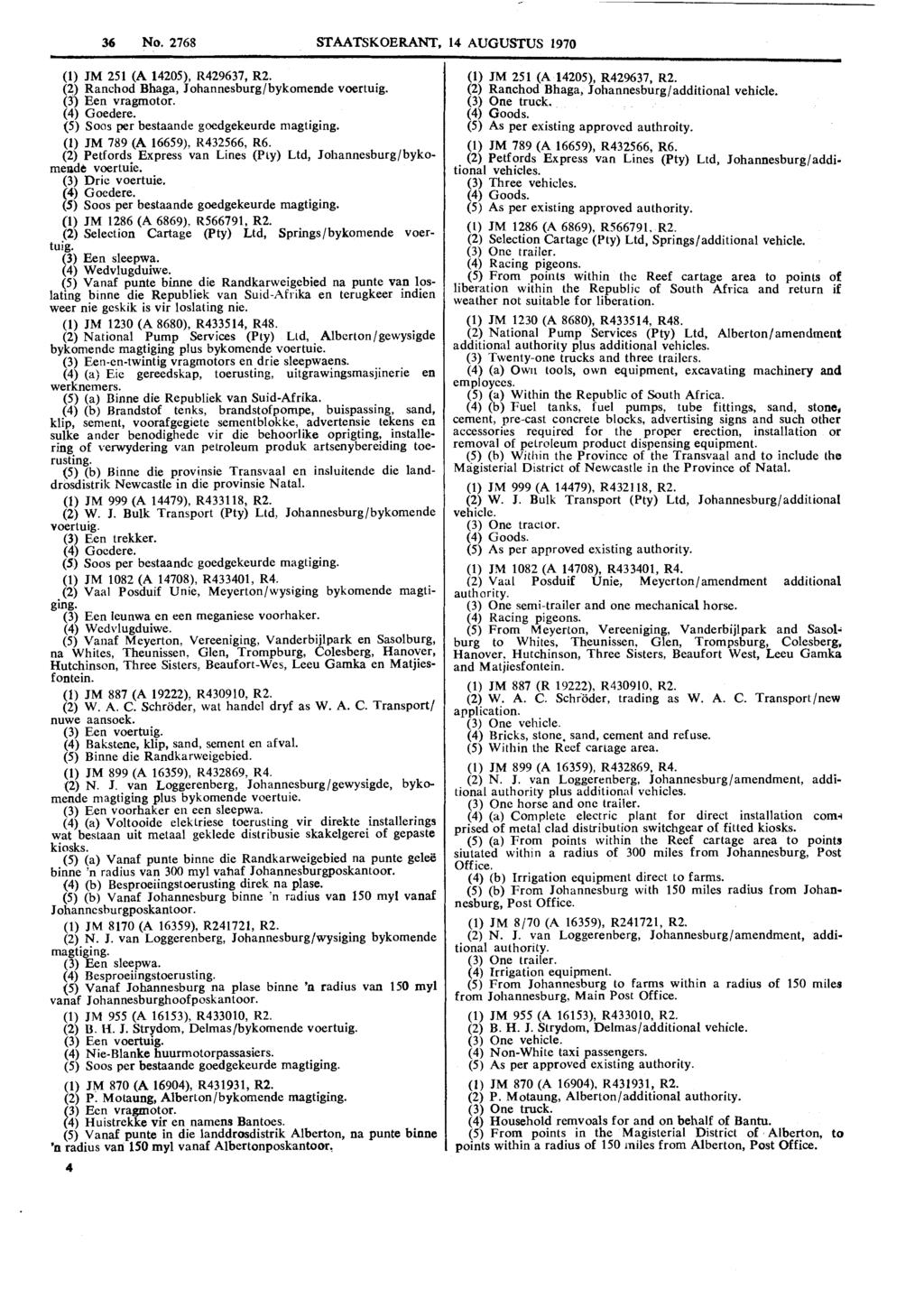 36 No. 2768 STAATSKOERANT. 14 AUGUSTUS 1970 (1) JM 251 (A 14205), R429637, R2. (2) Ranchod Bhaga, Johannesburg/bykornende voertuig. (31 Een vragrnotor. (4) Goedere.