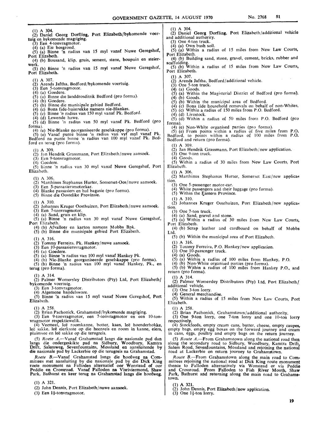 GOVERNMENT GAZEm. 14 AUGUST 1970 No. 2768 51 (1) A 304. (2) Daniel Georg Dorfling, Port Elizabeth/bykomende voertuig en oykomende magtiging. (3).-,-- Een 4-tonvraemotor. (4) (a) Eie bosggnd.