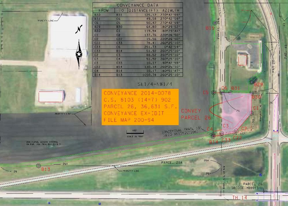 DEPARTMENT OF TRANSPORTATION VACANT LAND FOR SALE 36,631 SQUARE FEET LOCATED NW Quad of TH 14 and 13(South State Street) Waseca, Waseca County, MN Sale Number 139449 Conveyance 2014-0078 C.S.: 8103 (14=7) 902 Parcel: 26 Bid Opening June 5, 2018, 2:00 P.