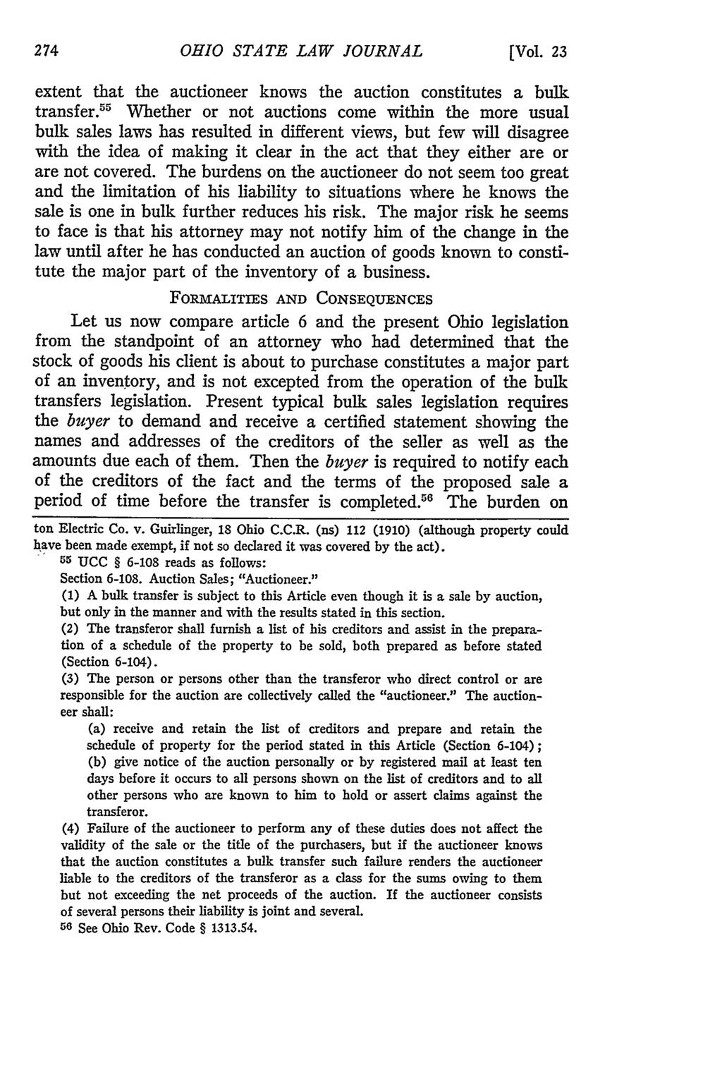 OHIO STATE LAW JOURNAL [Vol. 23 extent that the auctioneer knows the auction constitutes a bulk transfer.