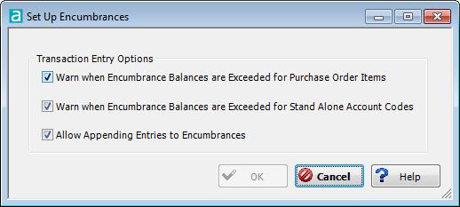 Module Setup Abila MIP Fund Accounting TM Transaction Entry Options The Set Up Encumbrances form is typically only accessed when setting up the module, but you may need to return to this menu in the