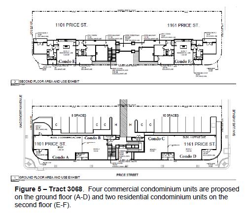 As noted in Figure 5 and Table 1, the proposed subdivision map would create commercial condominium units on the first floor ranging in size from 732 to 1,300 square feet and residential condominiums