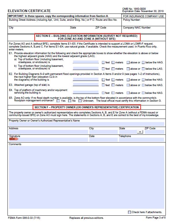 EXAMPLE OF ELEVATION CERTIFICATE Page 3 of 6: Section E Building Elevation Information (Survey Not Required) o For Zone AO and Zone A