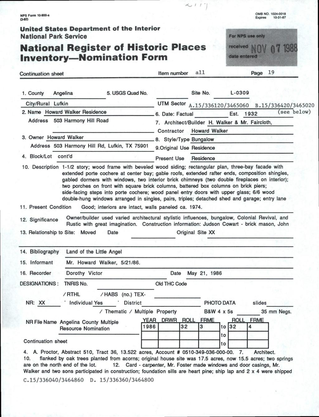 MPS Fonn 10-«00-a 04S) United States Department of the Interior National Park Service National Register of Historic Places Inventory Nomination Form Continuation sheet Item number all For HPS use