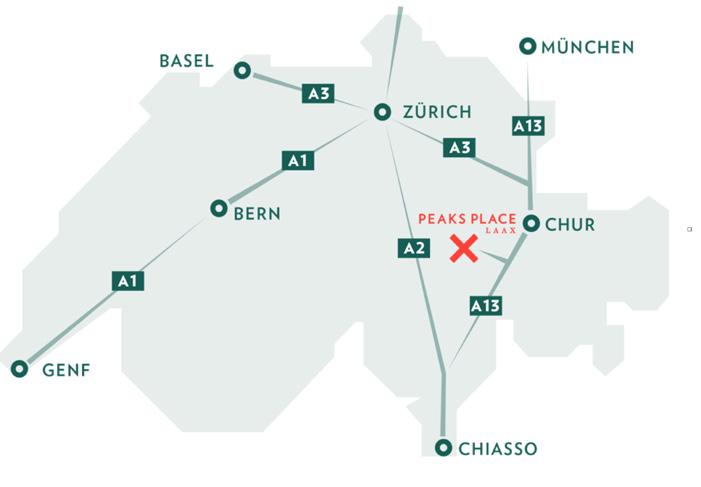 DIRECTIONS TO PEAKS PLACE Laax Airport Shuttle Service Our airport shuttle service will take you from Zurich or Friedrichshafen airport to Peaks Place in Laax in just 1 hour 45 minutes.