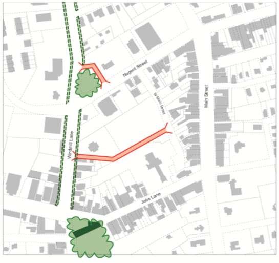 Implementation Mapping New Streets o Parrish Lane from West Main to Windmill Lane o New street at Windmill Park Closed Streets o Jobs Lane south of Setback for Bioswale New Street