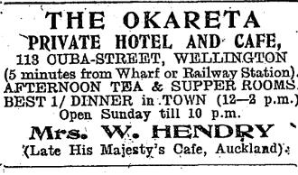 OKARETA HOTEL Okareta private hotel luncheon, tea, and supper rooms now open. 113, Cuba St.