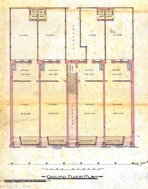 1904 plans for the ground floor layout (WC Archives 00053:112:6214) 101-107 Cuba Street The permit for 101-107 Cuba Street was issued four years later in October 1908, and the builder was Howie and