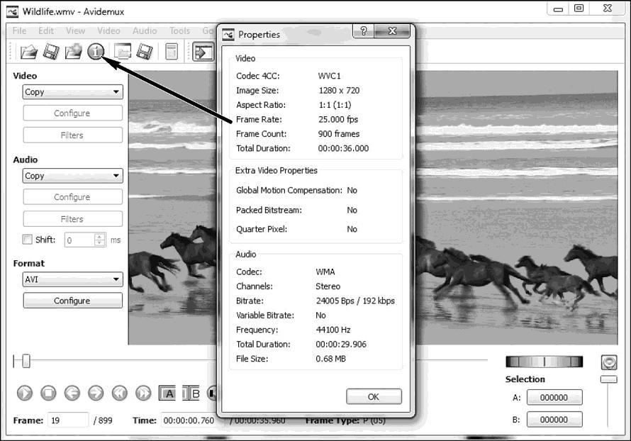 2.16-сурет. Avidemux бағдарламасы. Видео параметрлері Copy мәнін Video ашылатын тізімдегі қолжетімді форматтардың біріне өзгертіңіз. Содан кейін Configure және Filters түймелері белсенді болады.