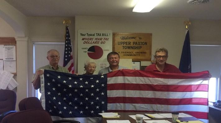(Pictured from left to right: Supervisor Orr, Faye Deibler, Supervisor Hepner, and Supervisor Stoner) Woodmen of the World Presents Township with American Flag At the June 24, 2015 Workshop Meeting,