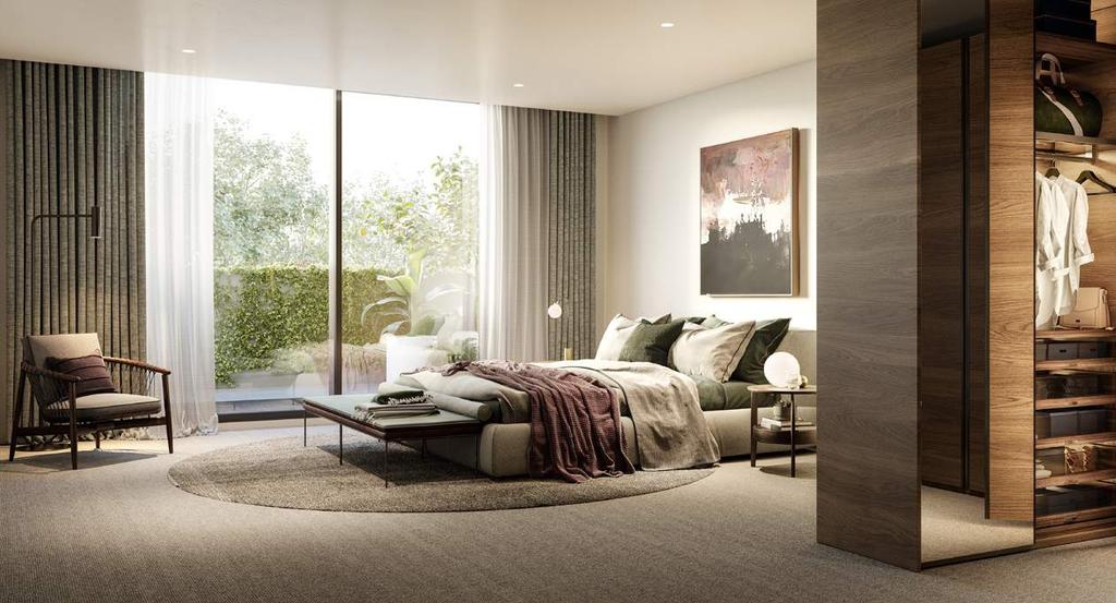 RETREAT Spacious, light-filled bedrooms with soft, natural fibre carpets create a more private connection with the flourishing terraces.