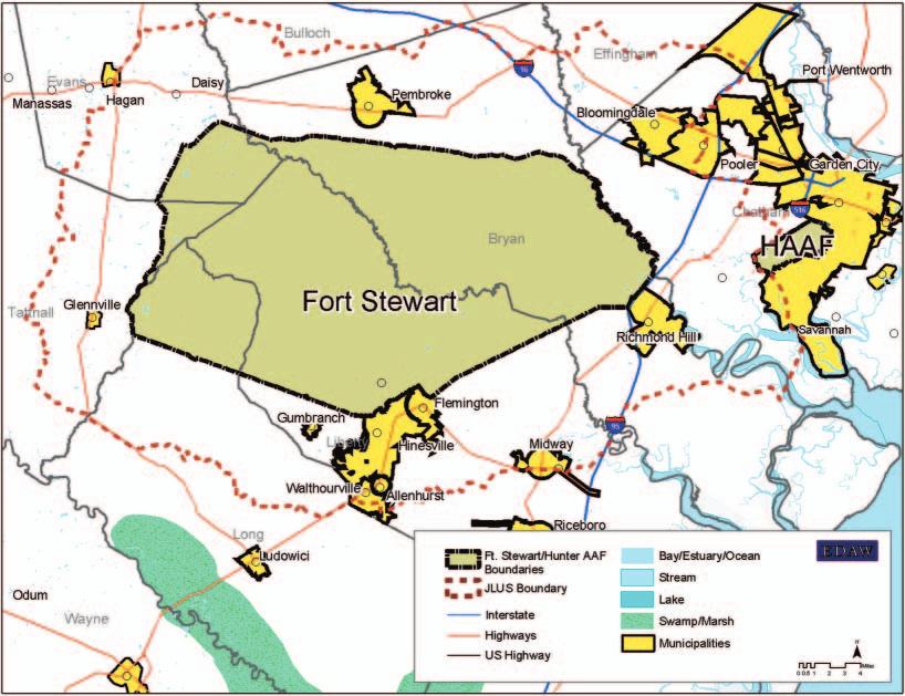 144 The Thin Green Line Local and Regional Encroachment Concerns Fort Stewart is a relatively flat, coastal landscape of sandy soils, riparian areas, and marshland that falls in portions of six