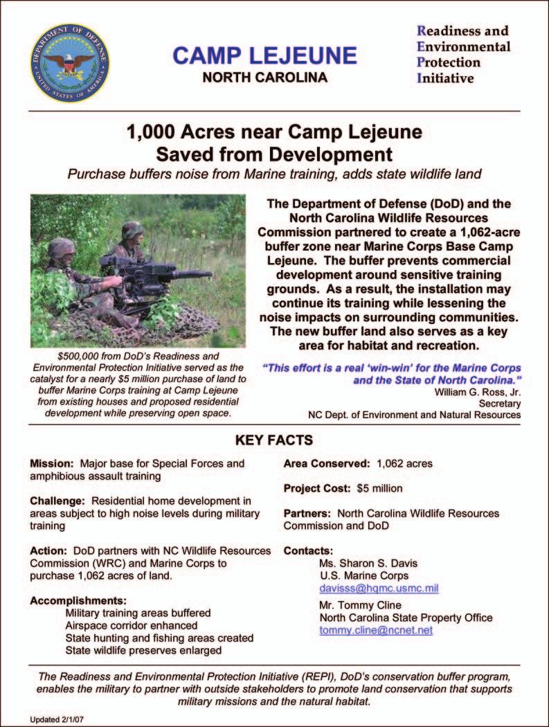 Background Information on Selected Buffering Projects 207 MCB Camp Lejeune, North Carolina This document is taken