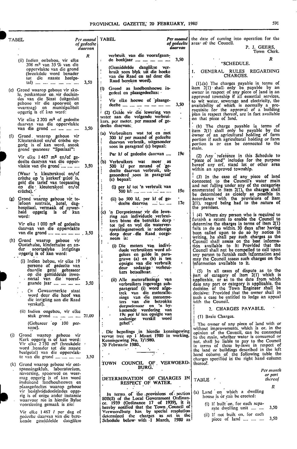 (f) Kleuterskool 500 PROVNCAL GAZETTE; 20 FEBRUARY 1930 591 itabel Per amend TABEL Per maand the date of coming into operation for the of periodic of gedeelte area of the Council daarvan daarvan P