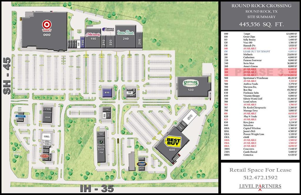 ROUND ROCK CROSSING SEC OF SH-45 & IH-35, ROUND ROCK, TX 78664 Available Space 820 6,034 sf 755A 1,750 sf 500 48,814 sf 280-340 5,000-25,000 sf (Phase III New Construction) 150 4.