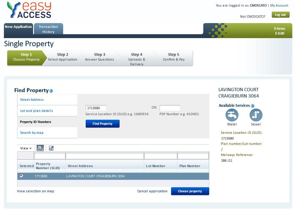 SINGLE PROPERTY APPLICATION STEP 2 Address Match returned Automatically identified the Services