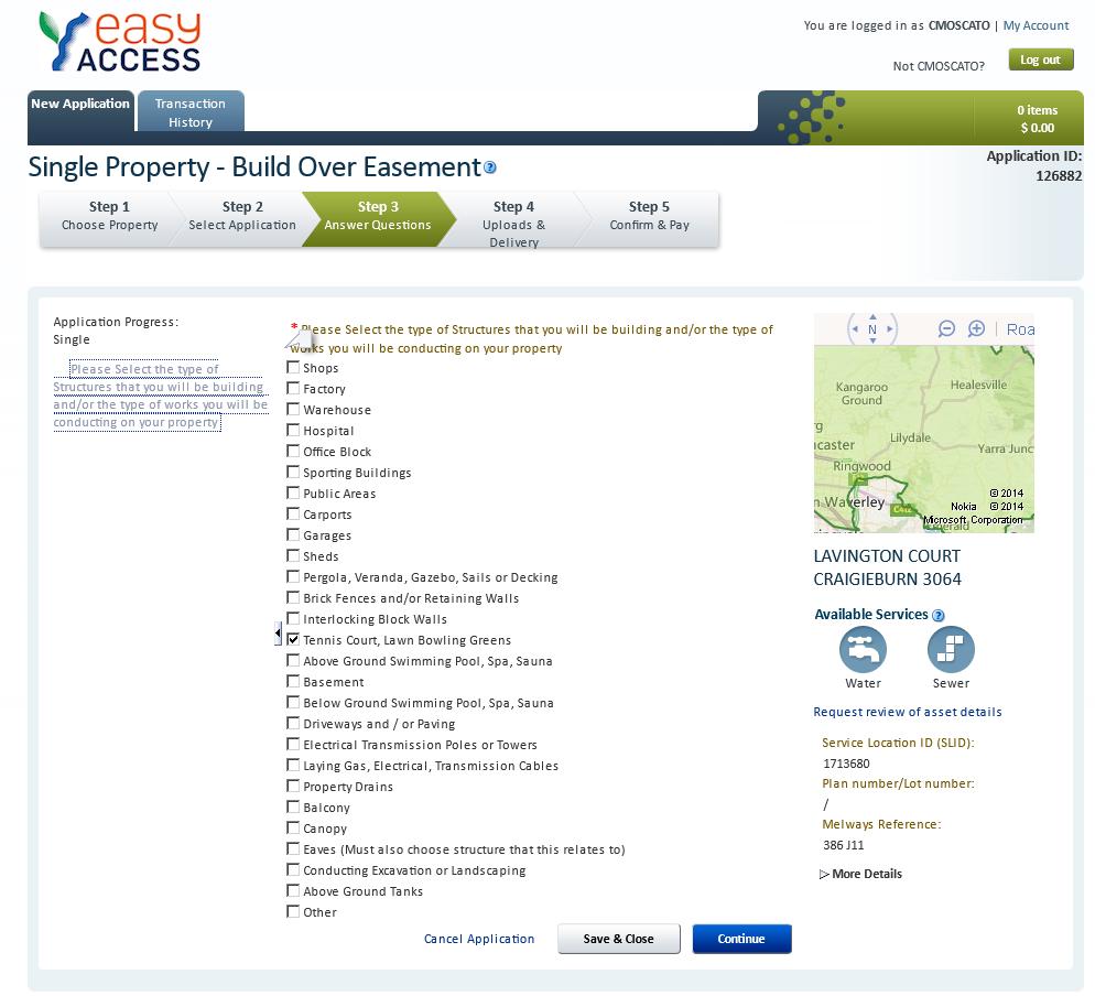 SINGLE PROPERTY APPLICATION BUILD OVER EASEMENT From the build over application, the system asks