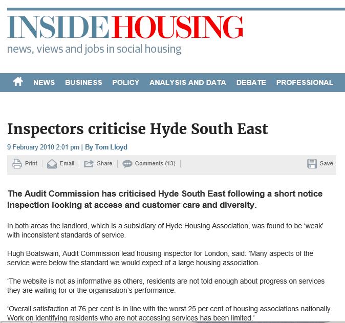 Hyde Before Audit Commission short notice inspection in 2010 adverse findings and was