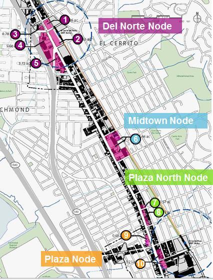 Description of Sites Analyzed Along the San Pablo Corridor, AECOM analyzed development potential at 10 sites located at four nodes.