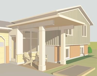 SPLIT-ENTRY SHORT-FACED IDEAS: EXPANDING & RETHINKING THE ENTRY FRONT ELEVATION "AFTER" SCALE: 1/4"=1'-" (24"x36") OR 1/8"=1'-" (11"x17") Placng columns n front of the exstng house frames the new