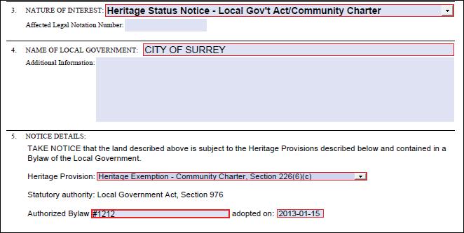 Item 3, Nature of Interest, non-editable text populates Item 5, Notice Details, to accommodate the heritage notice.