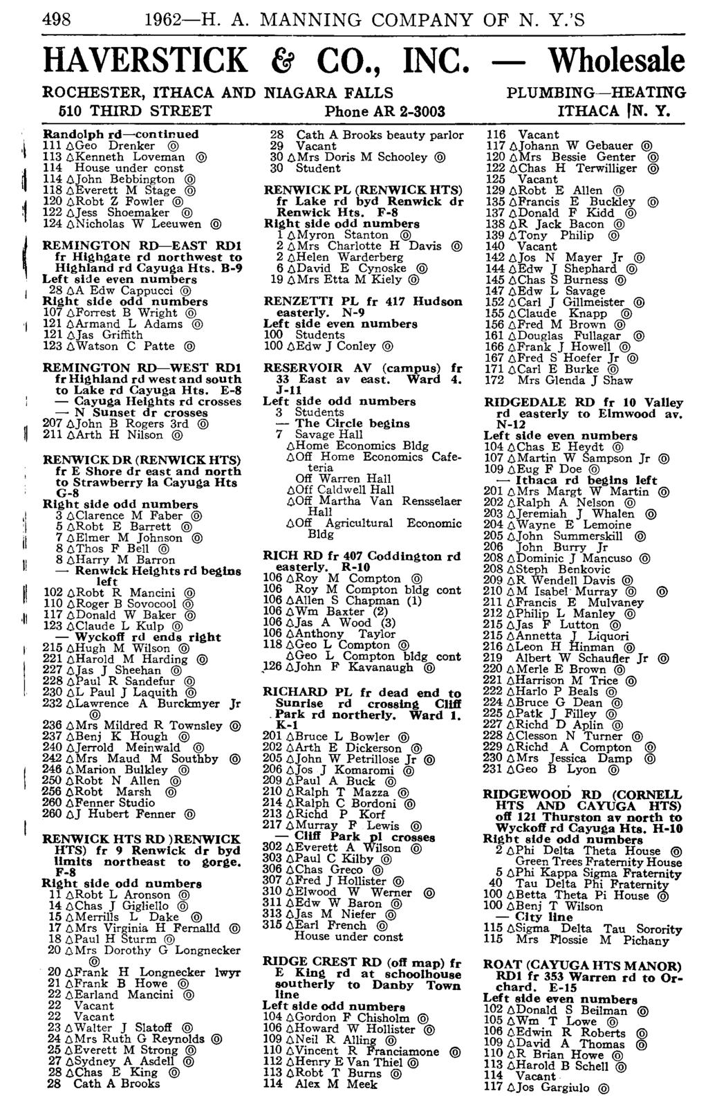 498 1962-H. A. MANNING COMPANY OF N. Y.'S HAVERSTICK & co., INC. ROCHESTER, ITHACA AND NIAGARA FALLS 510 THIRD STREET Phone AR 2-3003 Randolph rd-continued ll1.o.geo Drenker 113.o.Kenneth Loveman 114 House under const 114.