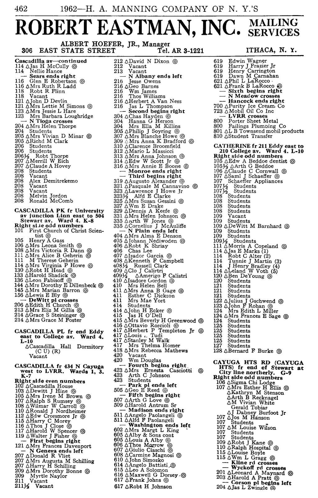 462 1962-H. A. MANNING COMPANY OF N. Y.'S ROBERT EASTMAN, INC. ALBERT HOEFER, JR., Manager 306 EAST STATE STREET Tel.