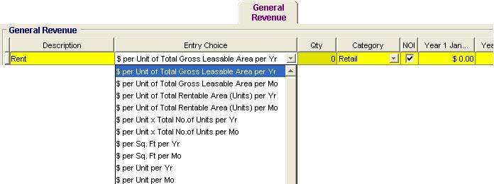 Entry Choices and Creating You Own Entry Choices Entry Choice allow you to chose how you which to enter a revenue or expense. As an example, $ per Sq ft per Yr, $ per Sq.